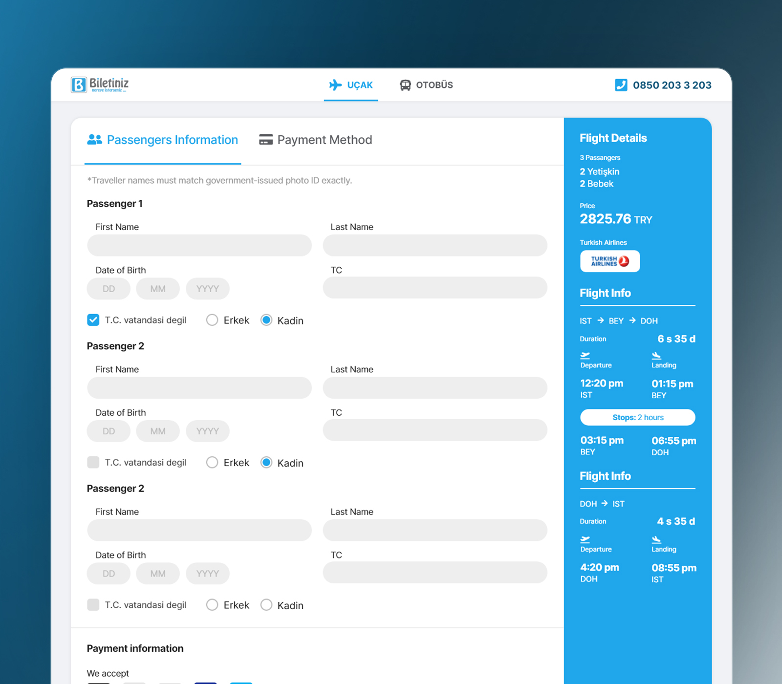 Biletiniz passenger and payment form
