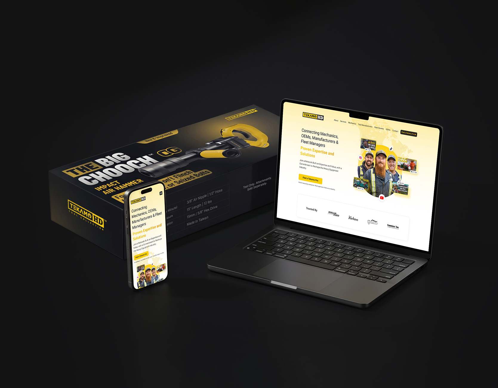 TekamoHD tool packaging alongside laptop and phone website screens