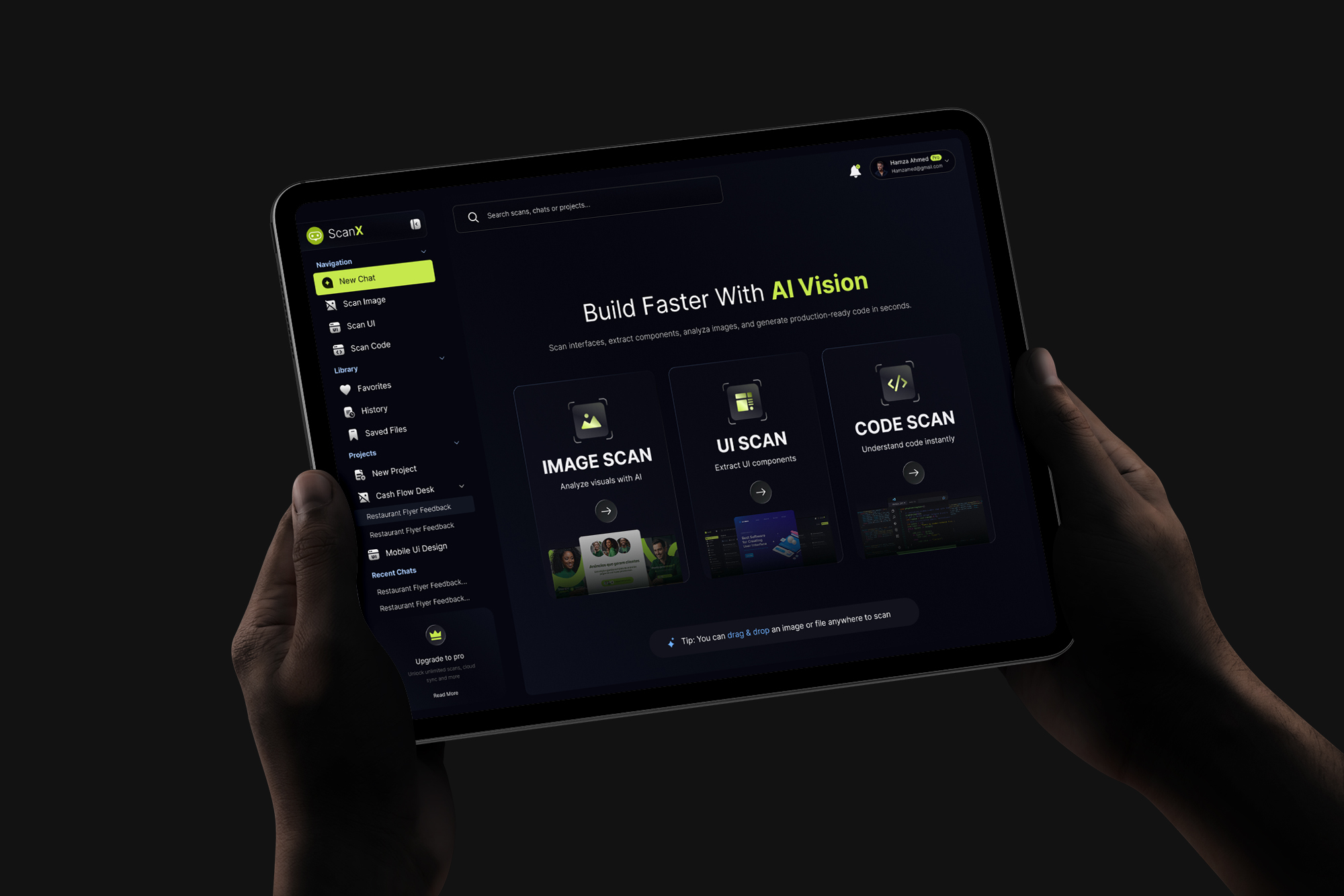 ScanX workspace on an iPad held in two hands