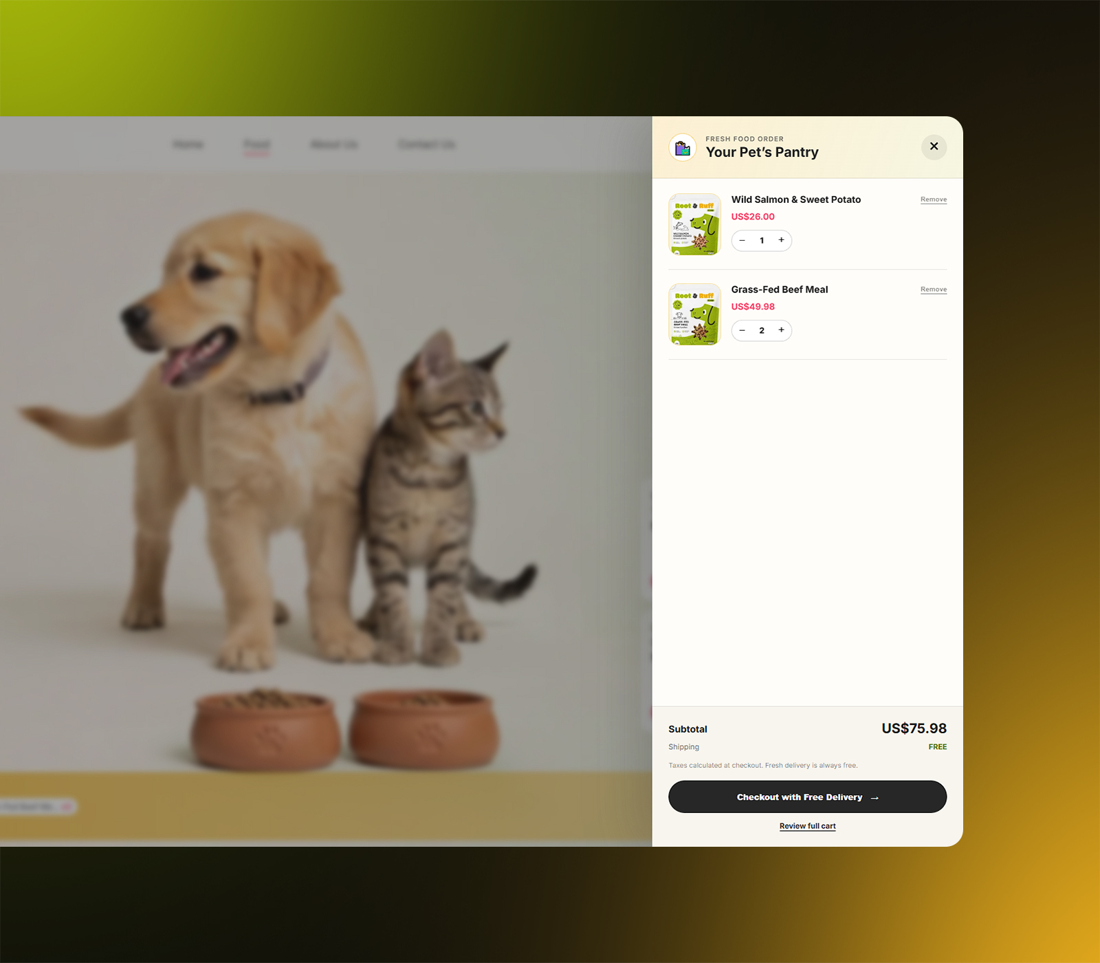The Your Pet’s Pantry cart drawer opened beside the blurred storefront
