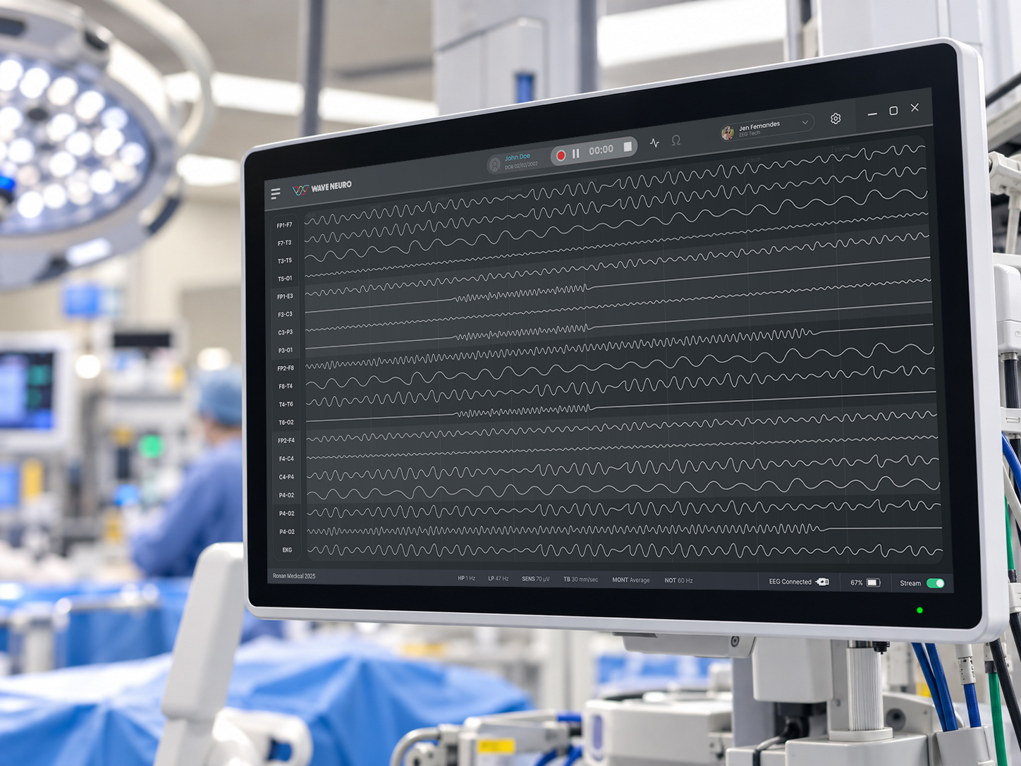 WaveNeuro EEG signal workspace displayed on a clinical monitor