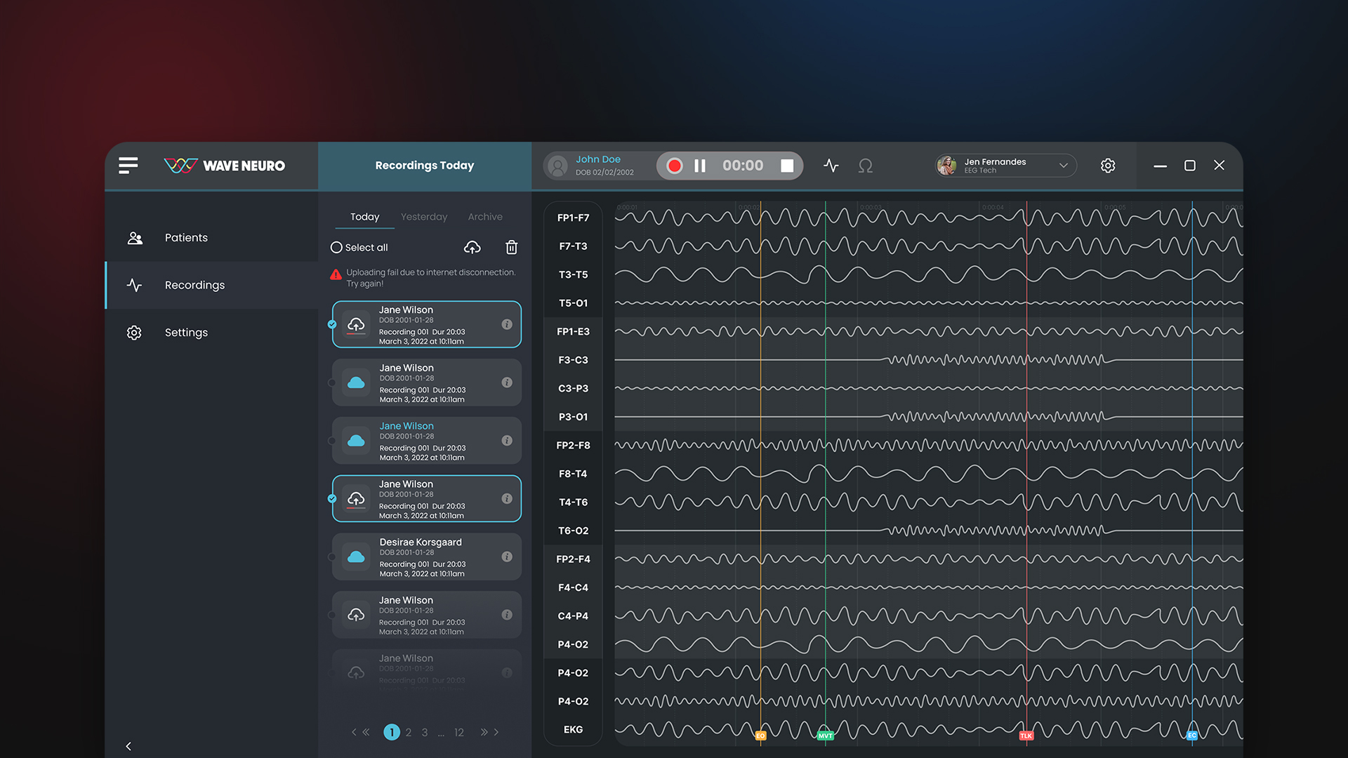 WaveNeuro dashboard with EEG waveform workspace, recordings list and event markers