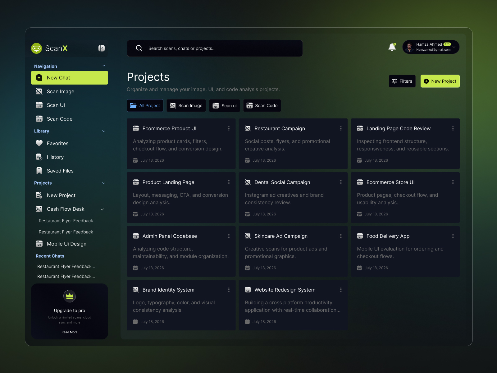 ScanX Projects, History, Favorites and Saved Files keeping AI work persistent