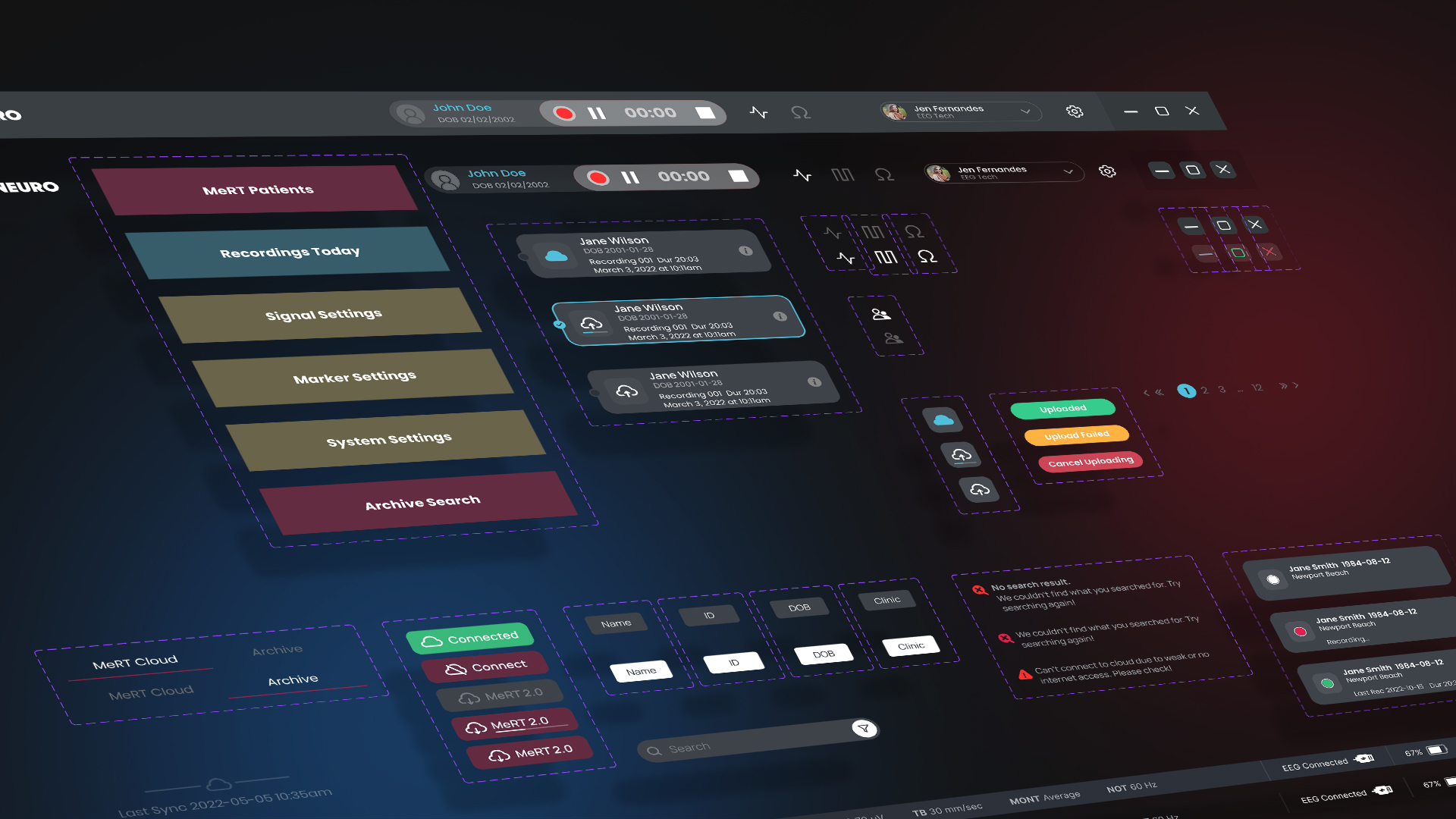 WaveNeuro reusable interface patterns — navigation, patient cards, recording controls, status pills, search and alert states
