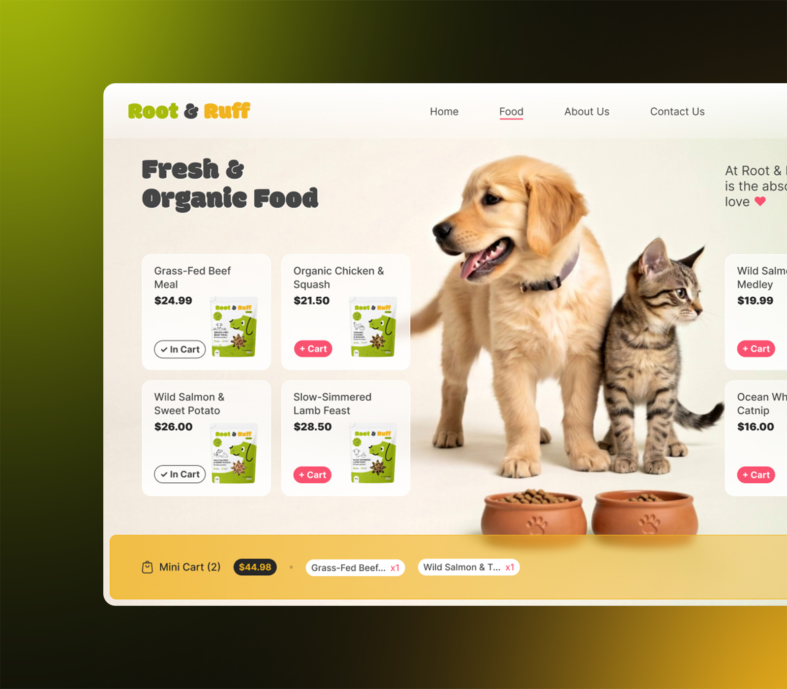 Product cards with a persistent mini-cart showing two selected items and the running total