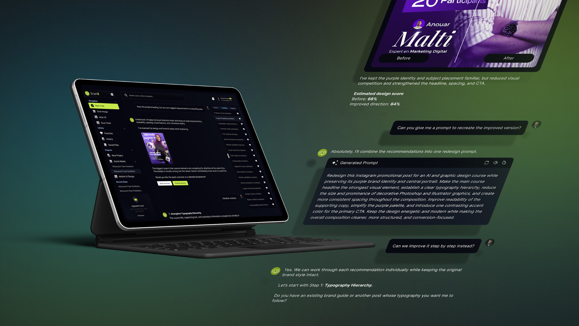ScanX structured AI analysis modules — Visual Analysis, Issue Details, Before and After, Branding Analysis and AI Generated Prompts