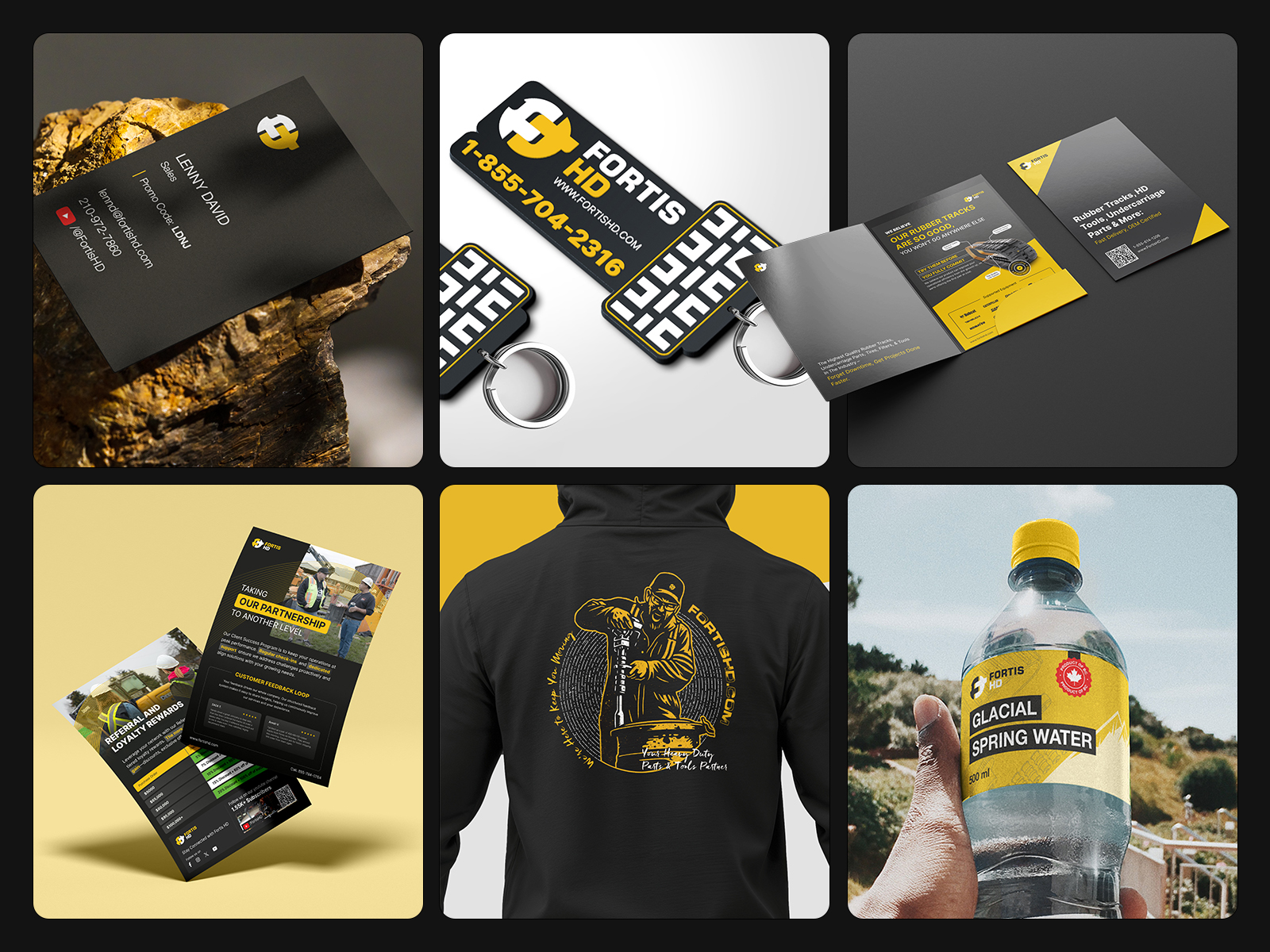 FortisHD business card, folder, keychain, hoodie, brochure and bottle label