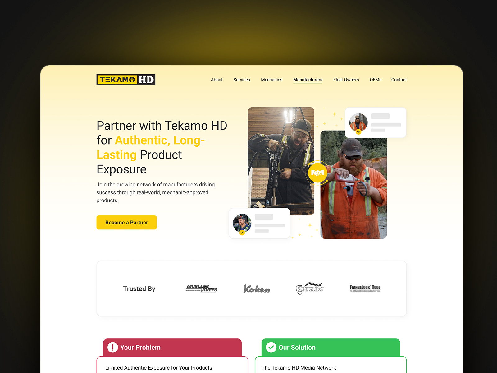 TekamoHD mechanic photography and manufacturer website screen